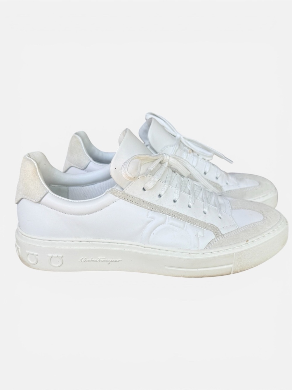 Salvatore Ferragamo White and Light Gray Leather & Suede Sneakers